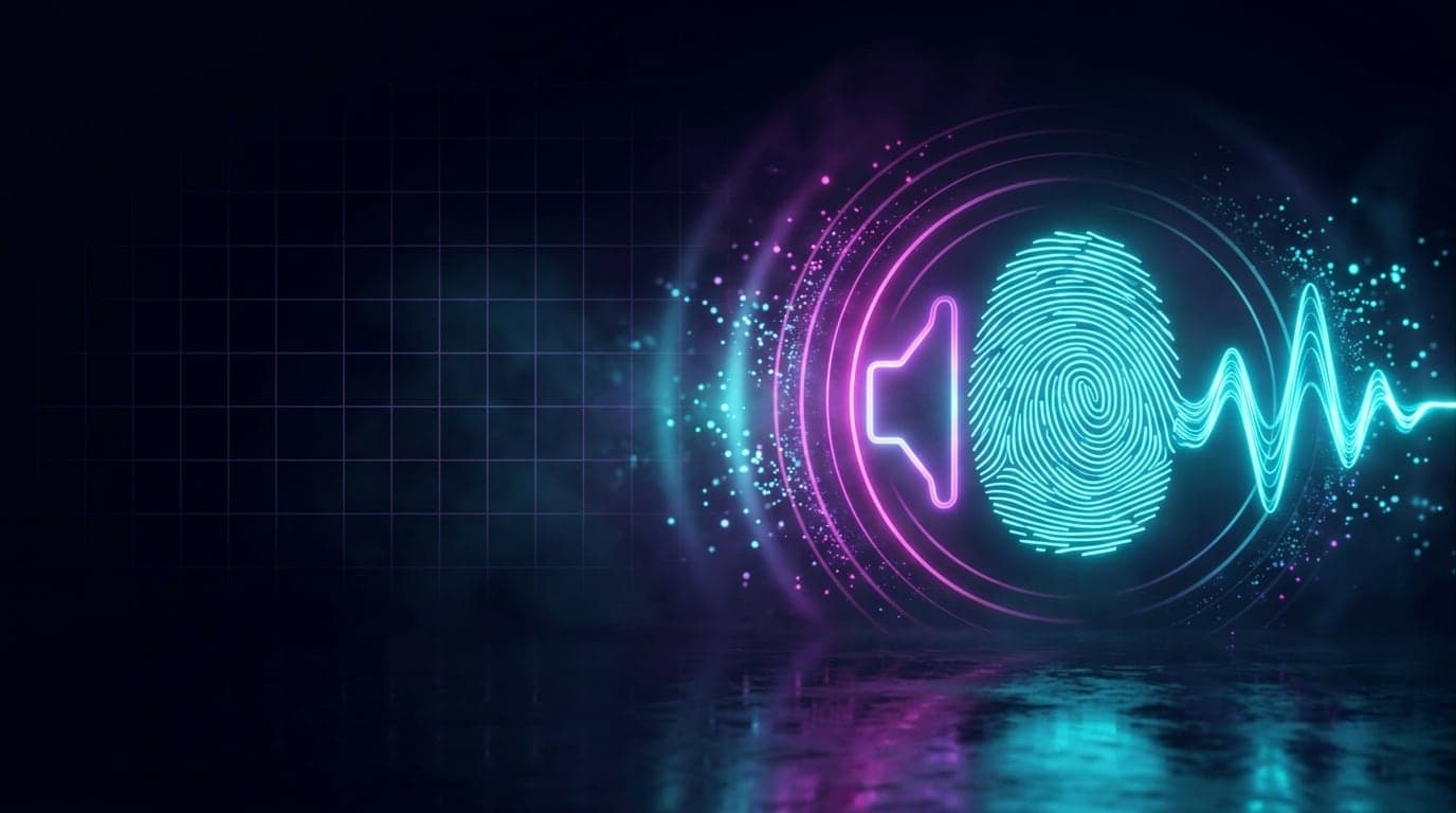 A neon cyan sound wave morphing into the ridges of a fingerprint on a dark cyberpunk grid, with magenta sound rings radiating from an abstract speaker silhouette.