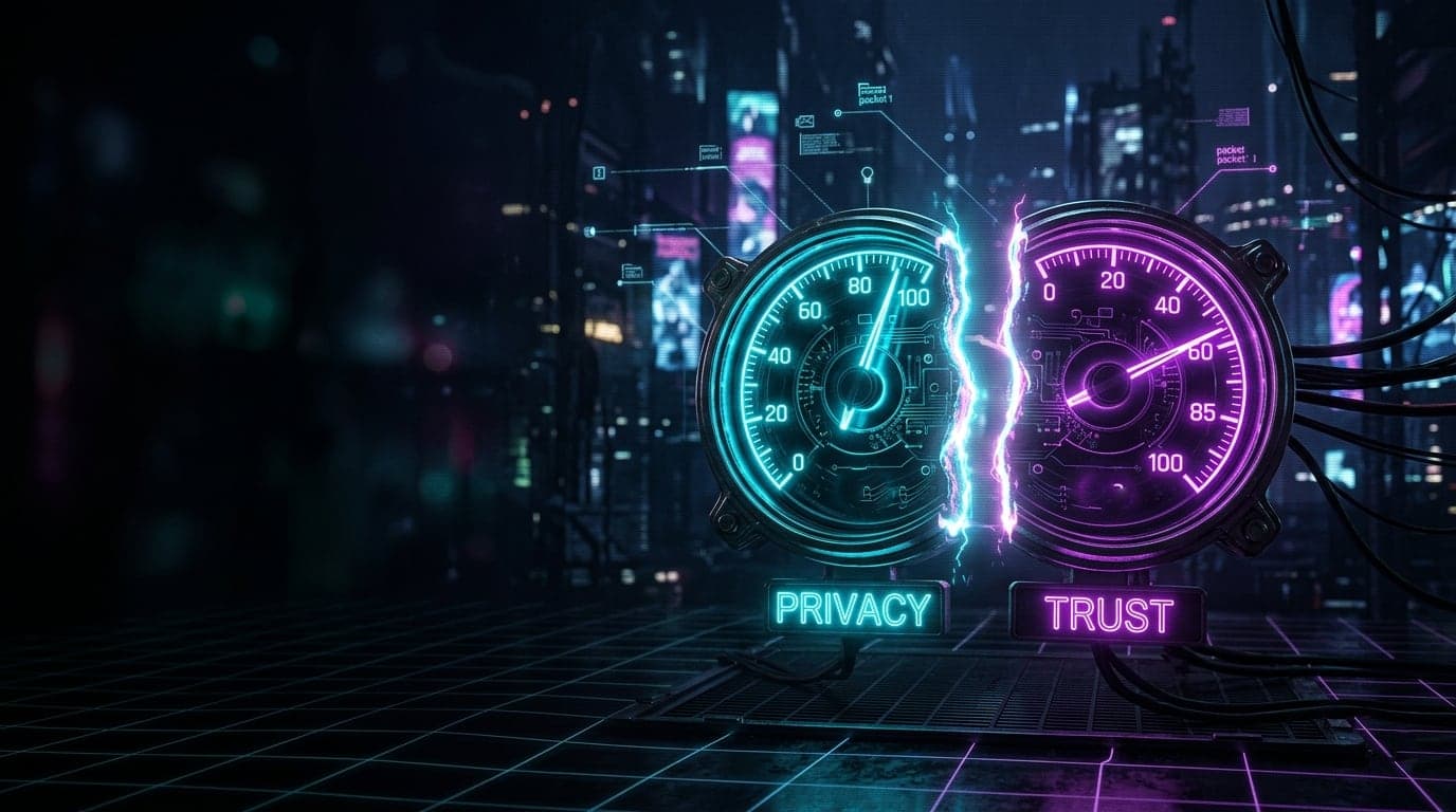 One neon gauge splitting into a Privacy score and a Trust score on a dark cyberpunk grid.