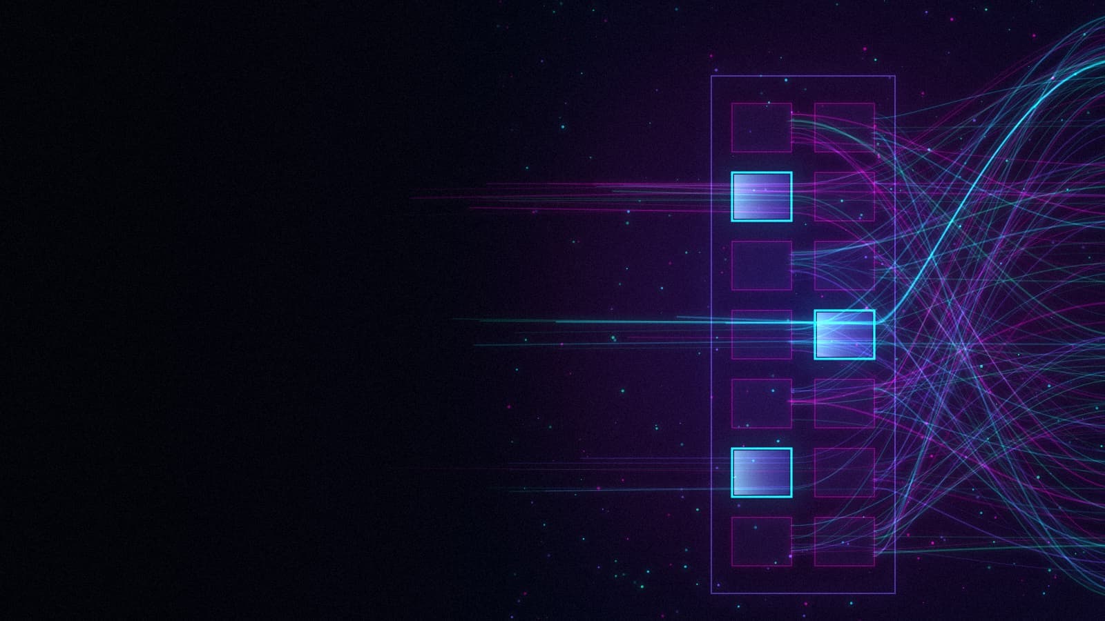 A tall dark panel of square slots on the right of a dark background. Streams of cyan, violet and magenta light arrive from the right edge. Three slots glow cyan and the light passes through them to the left, the other slots stay dim and the light stops at them.