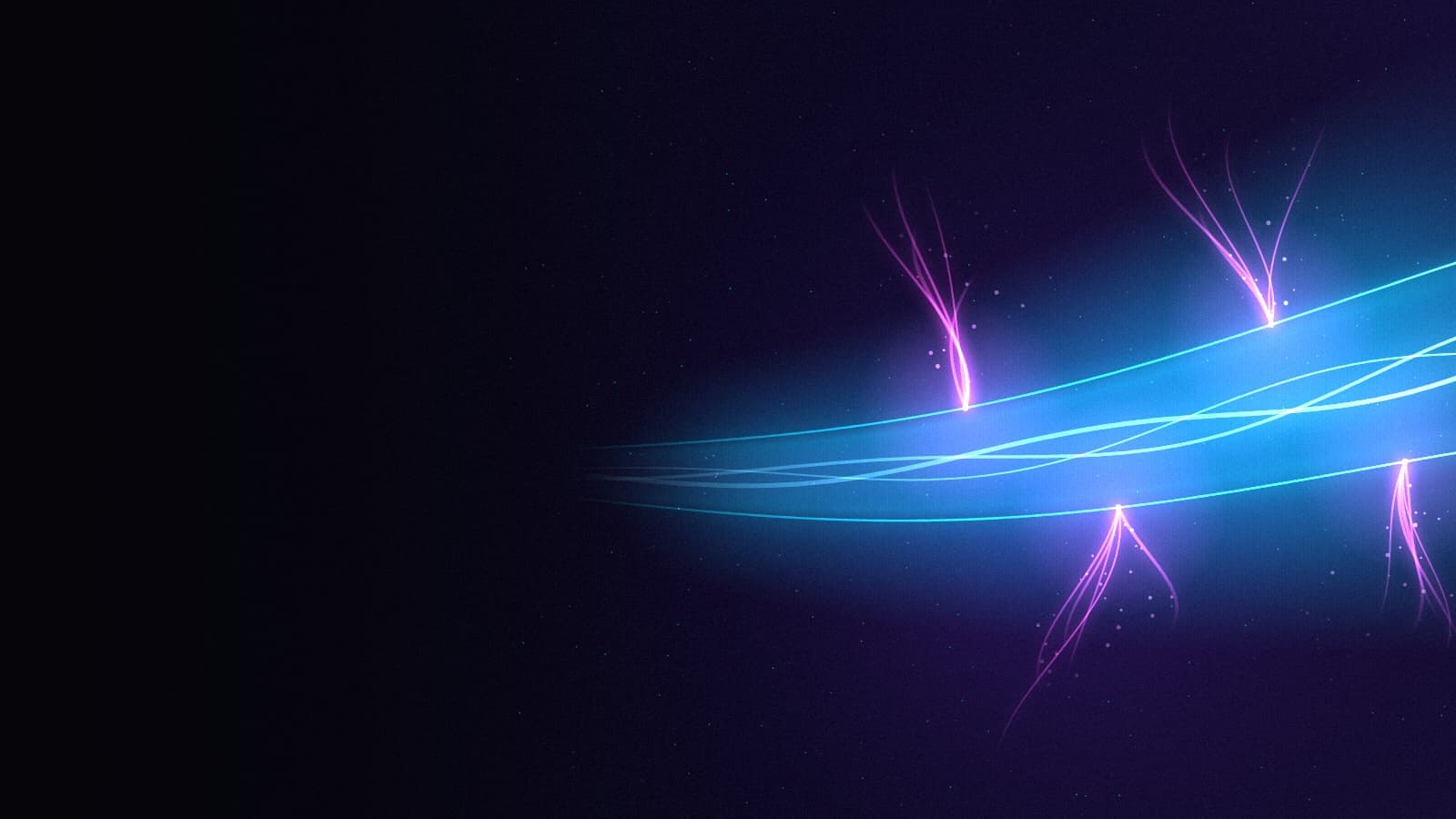 A glowing cyan glass tube of light on a dark violet background, with thin magenta streams escaping through four small cracks in its walls.