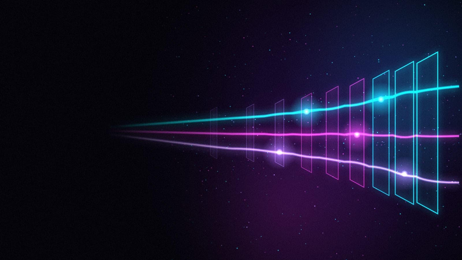 Three neon light streams in cyan, magenta and violet passing through a row of glowing glass gates on a dark background.