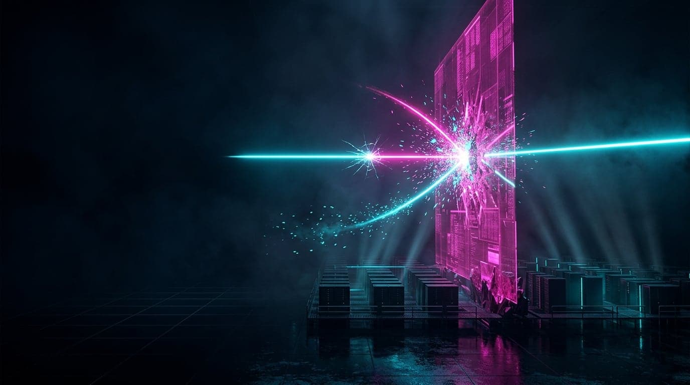 A cyan beam crossing a dark server hall shatters against a magenta barrier: one fork detonates, one frays into dying embers, one survives and continues to the right.