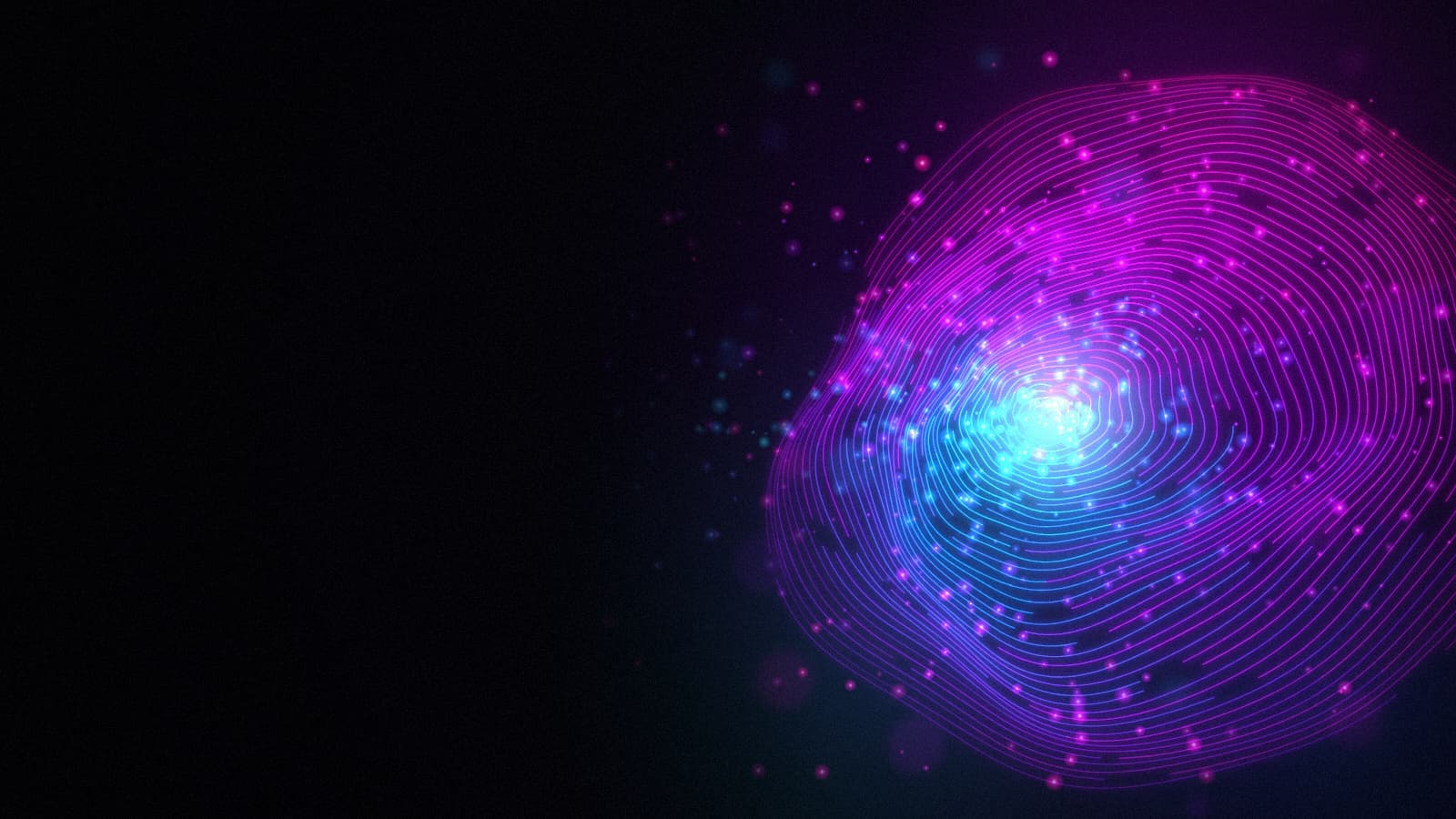 Glowing cyan, magenta and violet contour lines curling into an abstract fingerprint whorl on the right of a dark background, with soft particles of light drifting around it.