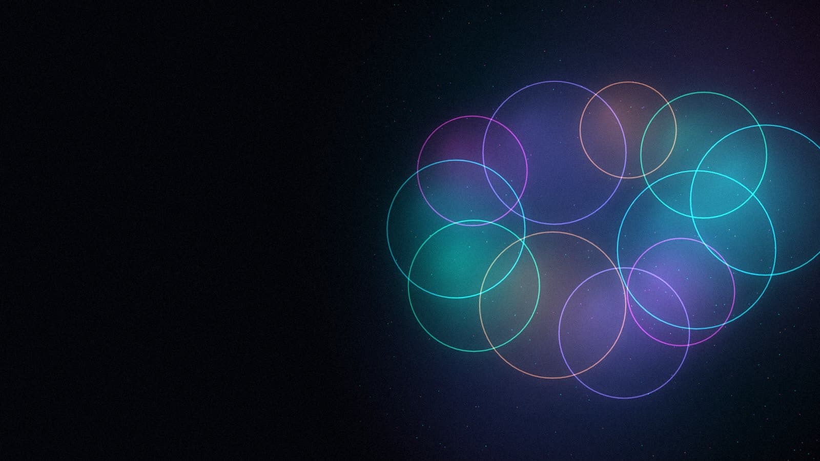 Eleven overlapping rings of cyan, magenta, violet and orange light glowing like glass lenses on the right of a dark background.