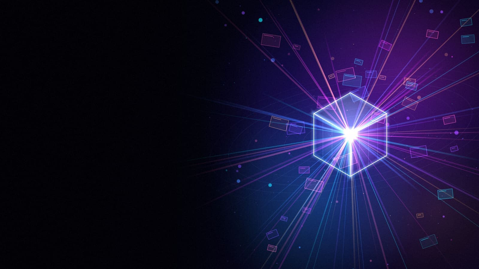 An abstract glowing glass cube on the right of a dark frame sends cyan, violet and magenta light rays in every direction, with small translucent certificate cards floating around it, while the left half stays dark.