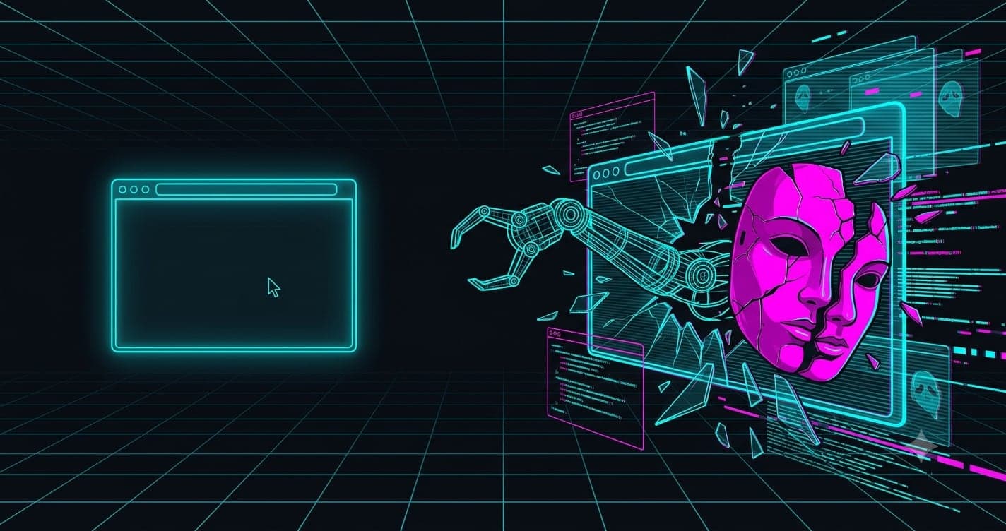 A neon cyan browser window on a dark cyberpunk grid splitting into a wireframe robot arm and a cracked magenta mask, showing the two ways a browser can be fake.