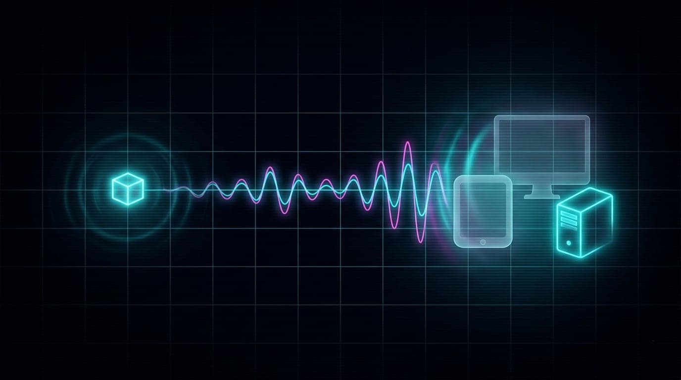 A single TCP SYN packet emitting a neon accent wave that resolves into desktop, tablet and server silhouettes on a dark cyberpunk grid.