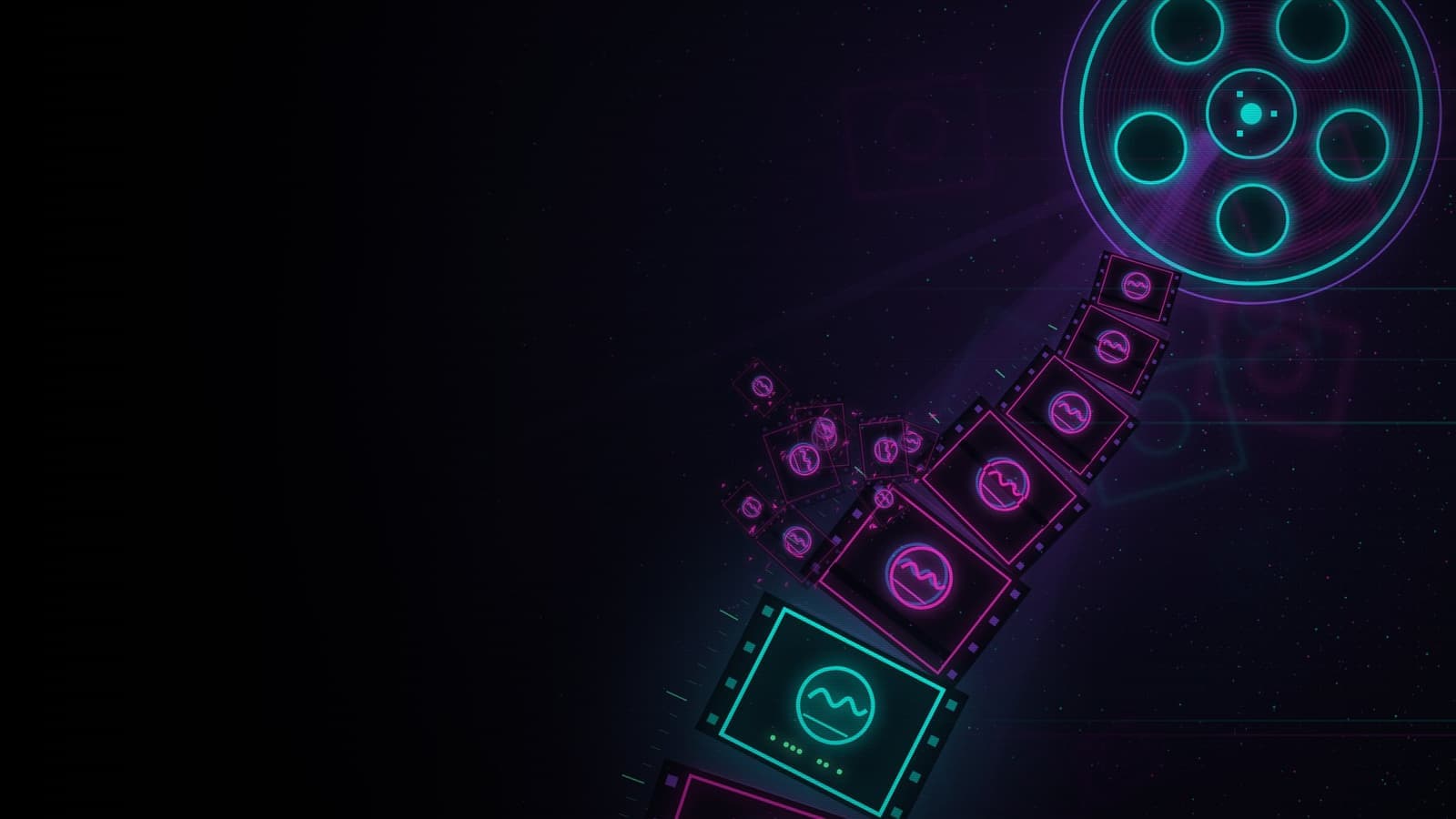 A neon film reel in the upper right unspools a strip of frames that all carry the same signature seal; the copies glow magenta with glitches and some break off and scatter, one frame near the front glows cyan with its own dot pattern, and the left side stays dark and empty.