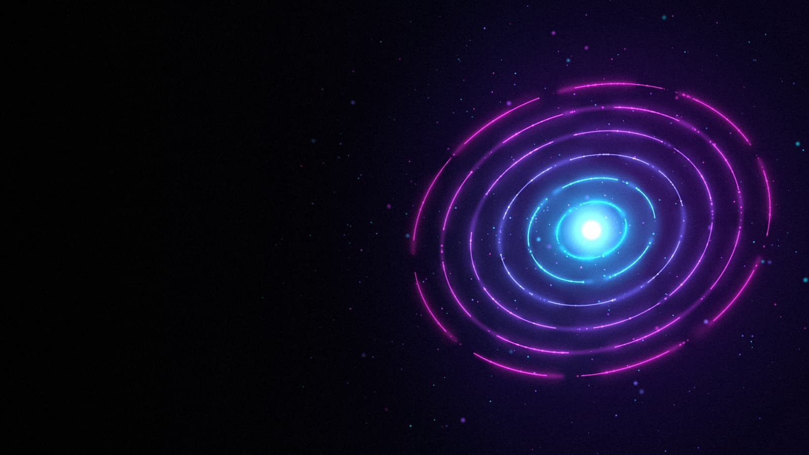 Concentric rings of cyan and magenta light around a bright core on the right of a dark background, an abstract picture of software running at the innermost layer of a computer.