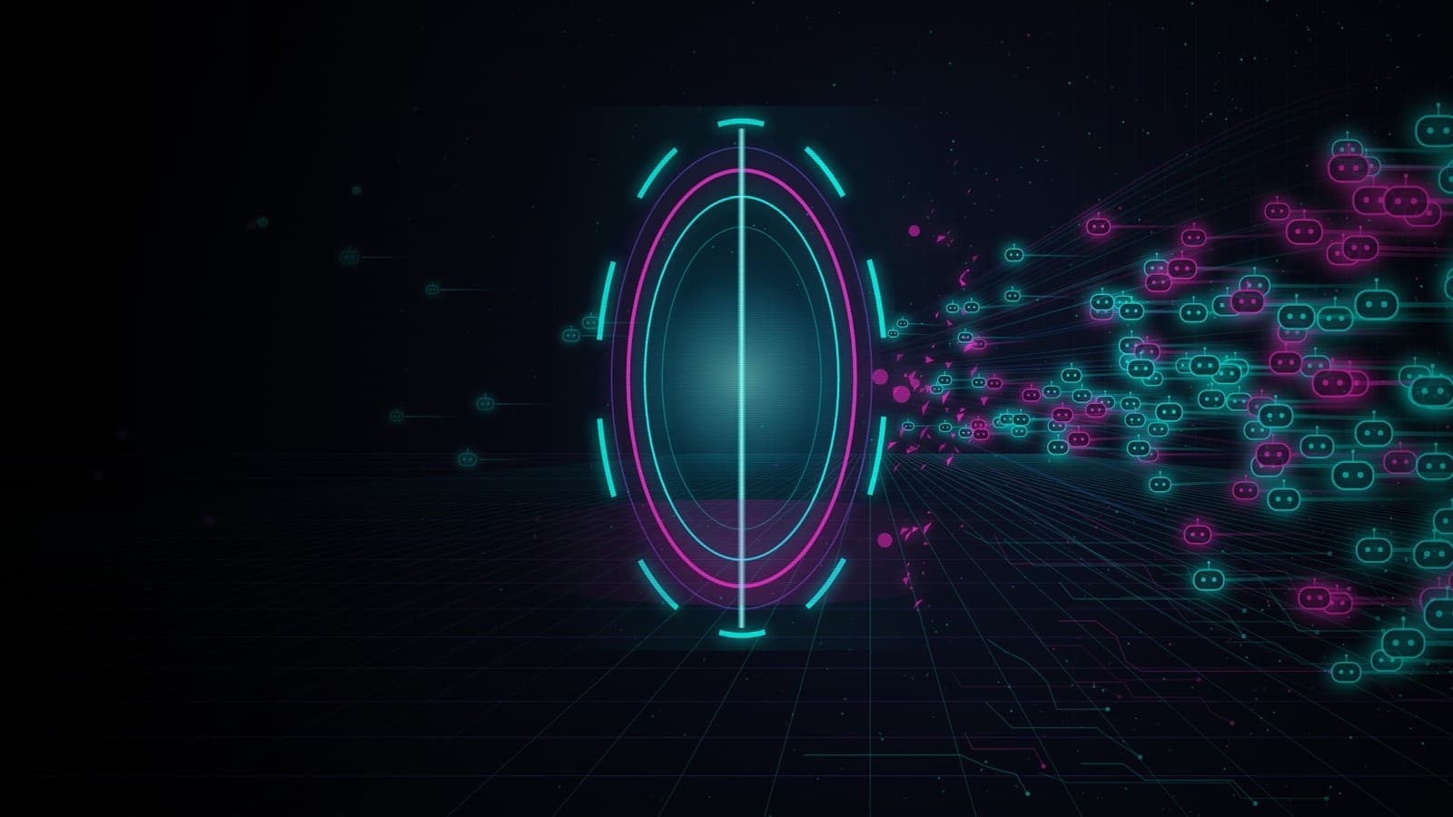 A stream of glowing machine shapes flows from the right into a neon scanning ring at the centre; cyan shapes pass through, magenta ones shatter against it, and the left side stays dark and empty.