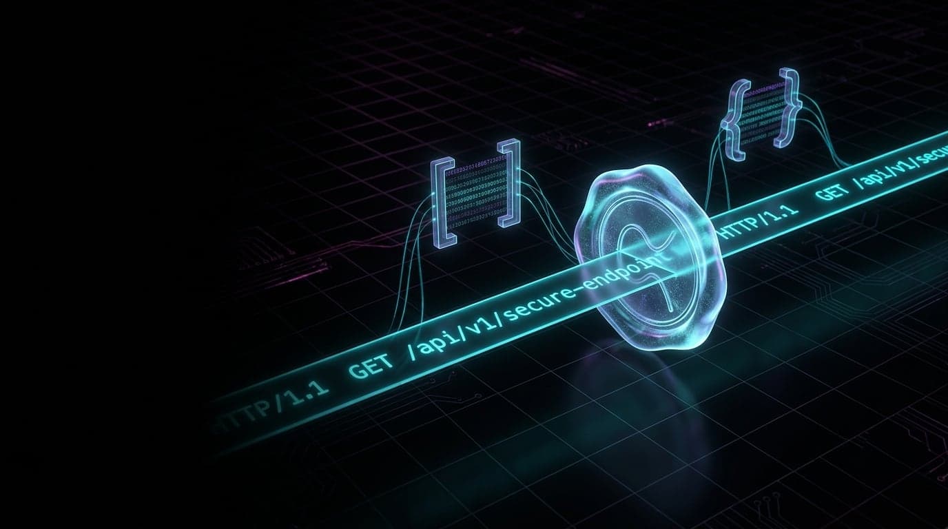 A neon cyan HTTP request passing through a cryptographic seal on a dark cyberpunk grid, with a key directory rendered as glowing JSON above it.